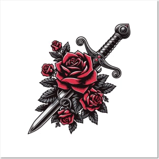 Tattoo Art - Dagger with roses Posters and Art